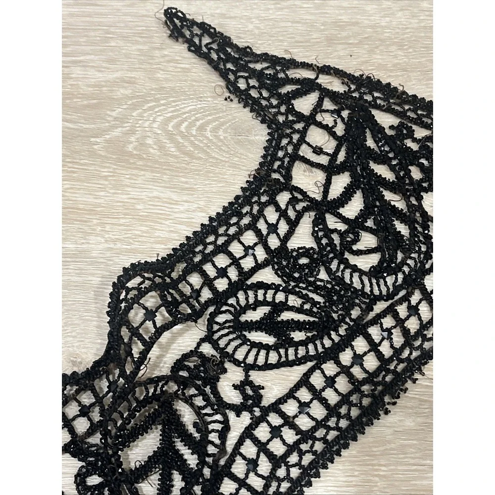 Antique Victorian Beaded Collar Embellisment Appliqué Black On Netlace Ornate